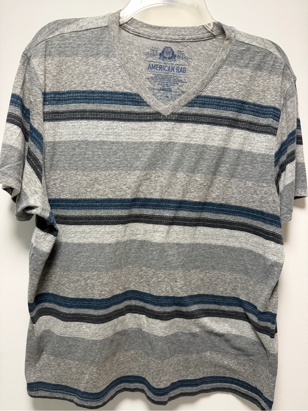 American Rag Heather Gray V-Neck Tee with Navy & Charcoal Stripes